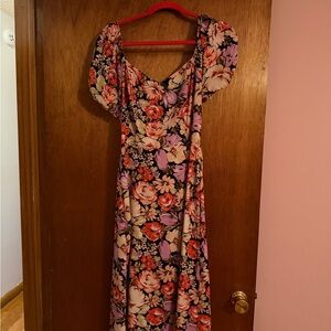 Floral Puff-Sleeve Navy Dress with Slit